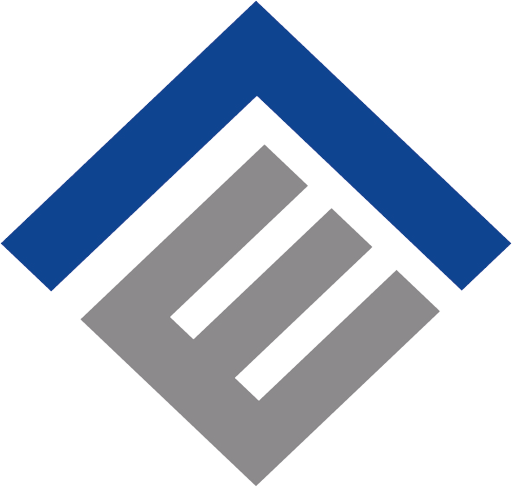 Logo de Construcciones Elea SA: E de color gris con estructura de tejado en azul